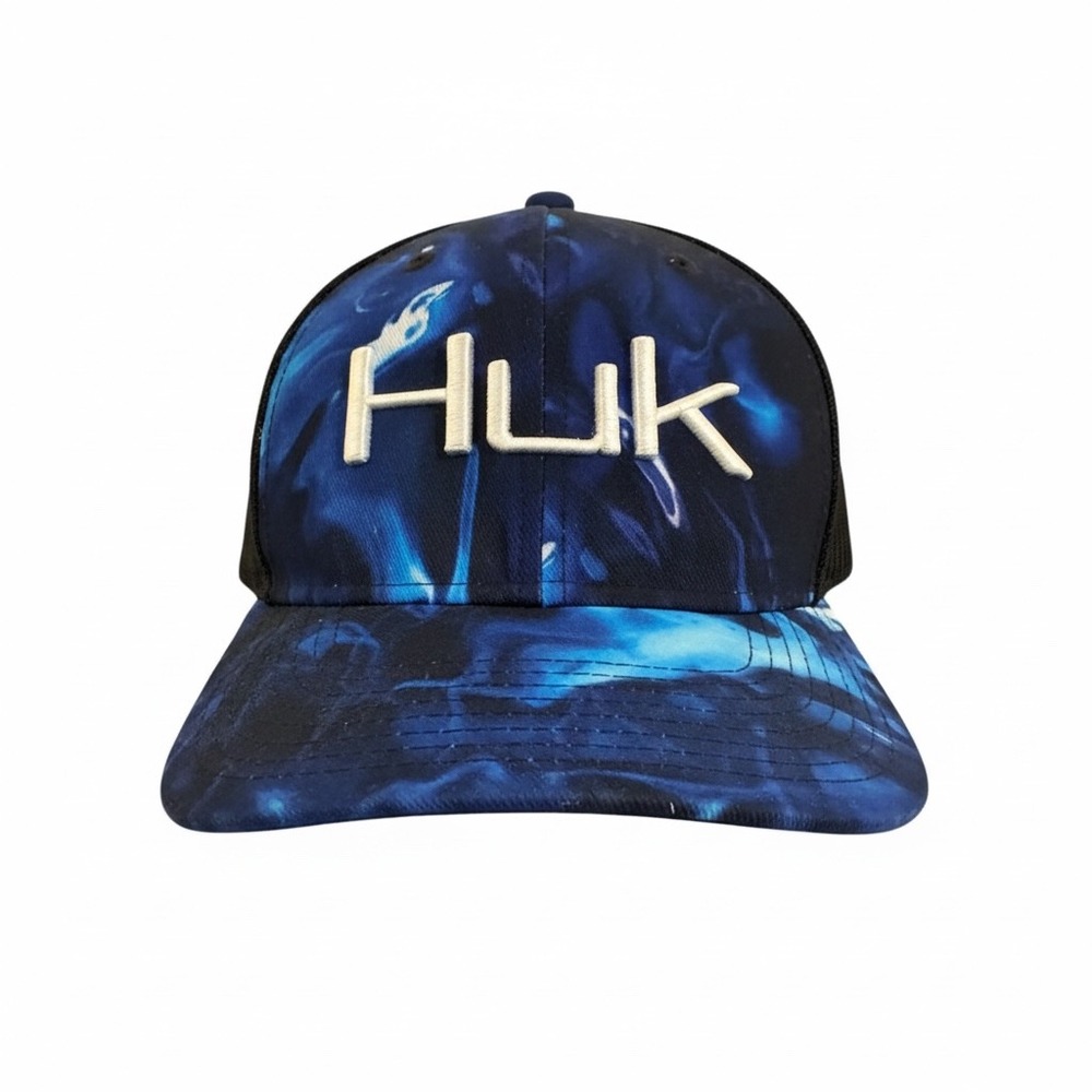 Huk Performance Headwear Mesh Back Trucker Cap Blue Tie Dye Flex Fit Mens Sz M/L